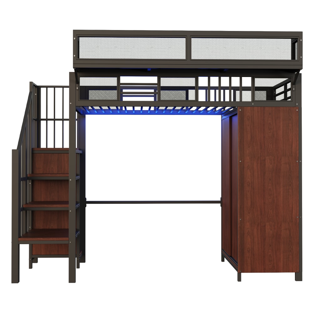 Hochbett Kleiderschrank LED Stauraumtreppe schwarz 90x200 cm -