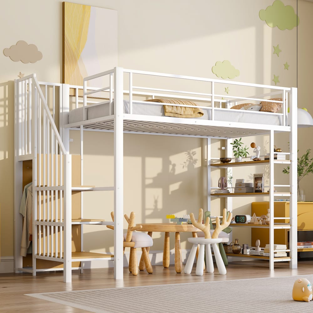 Hochbett Schrank Stauraumtreppe Regale weiß 90x200 cm - Maisons