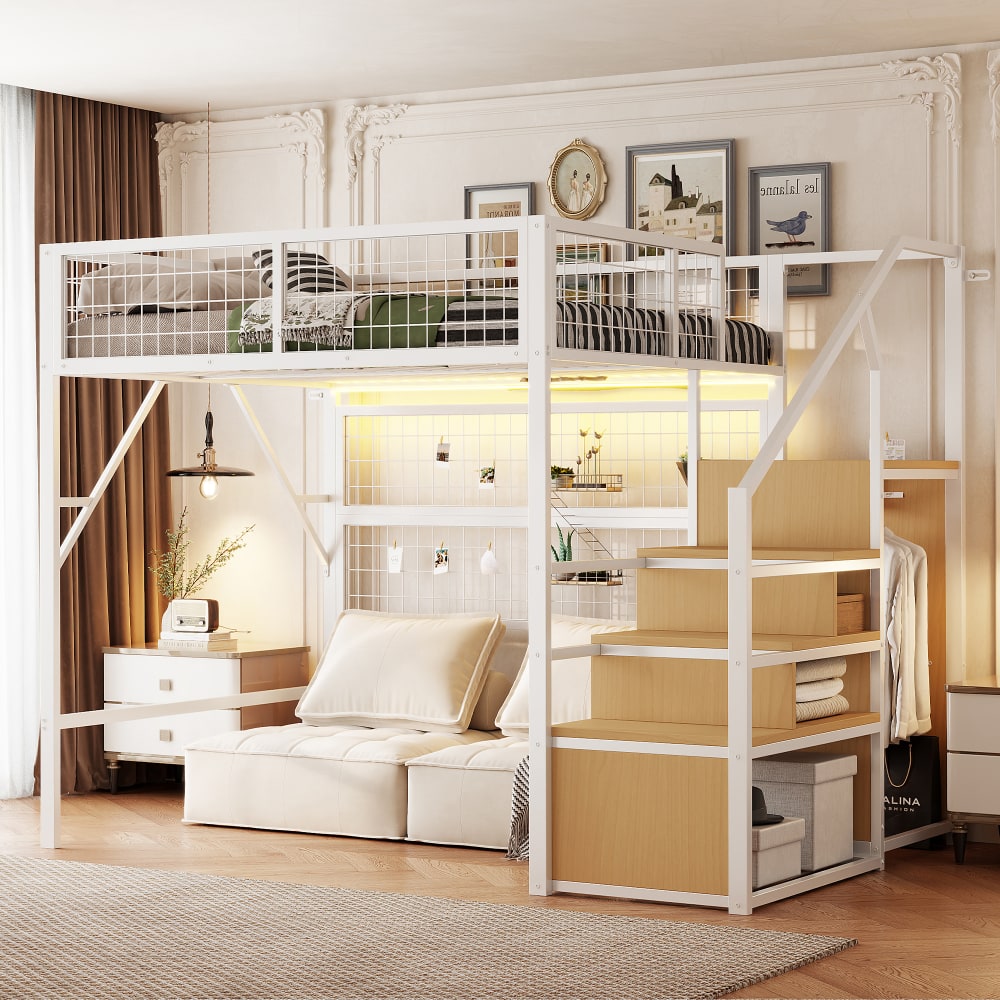 Hochbett LED Schrank Stauraumtreppe weiß 140x200 cm - Maisons Du