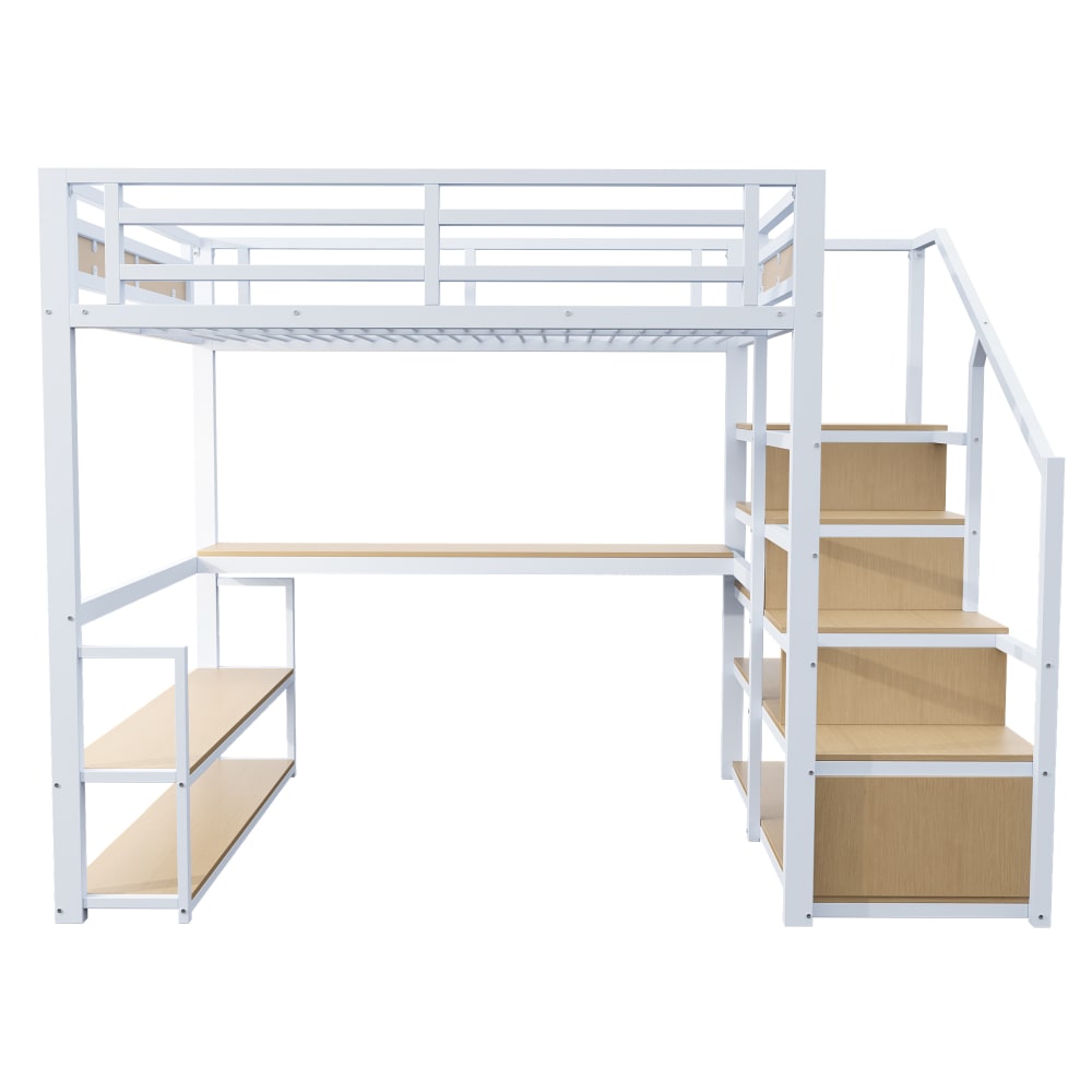 Hochbett Schreibtisch Regale Stauraumtreppe weiß 140x200 cm -