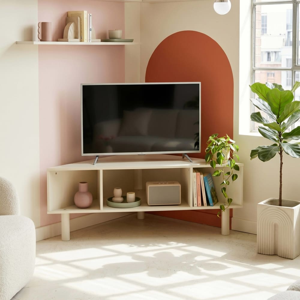 Meuble tv d'angle effet bois 120x55 cm style scandinave crème