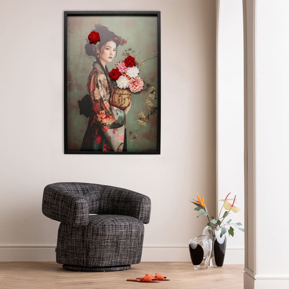 Tableau femme en kimono bouquet en relief 84x124