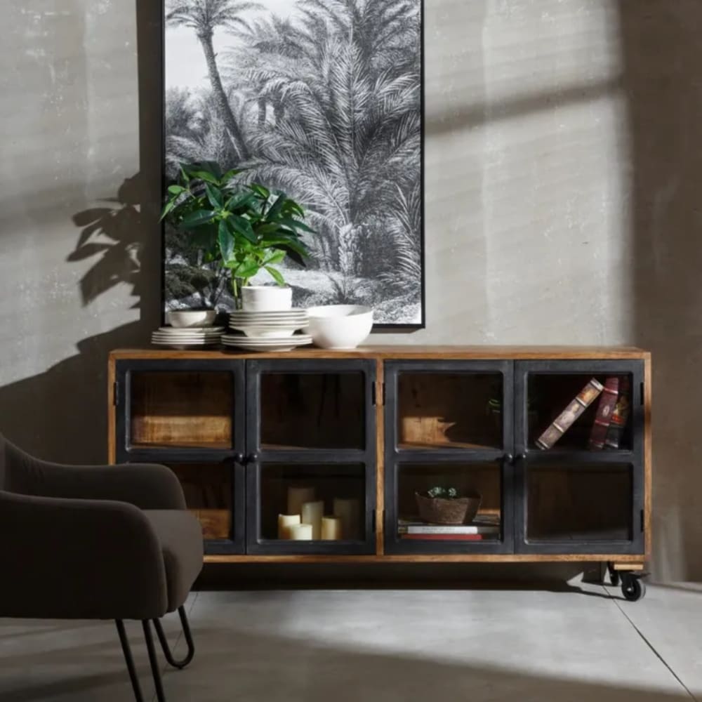 Sideboard aus natürlichem Mangoholz mit Metallrädern - Maisons Du