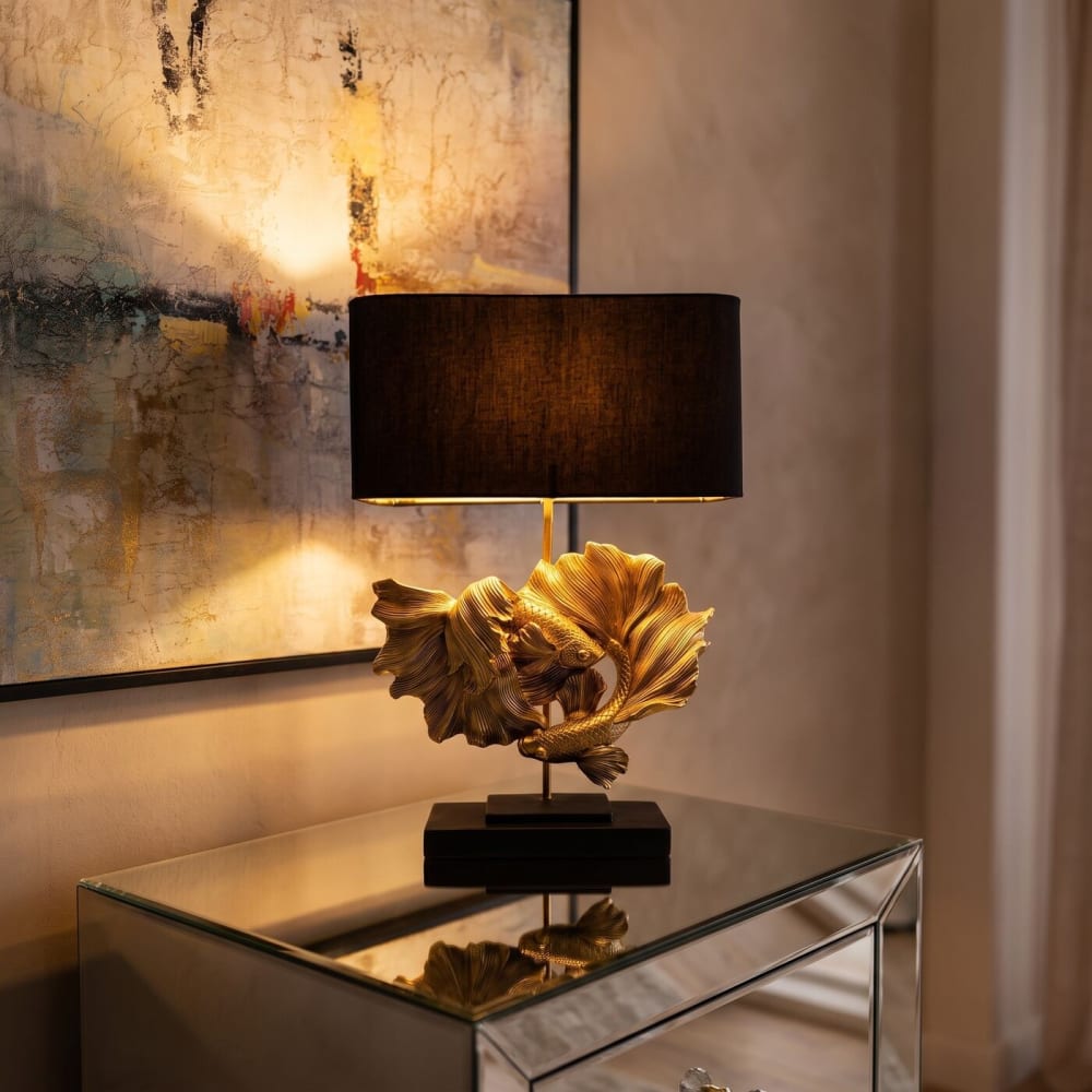 Lampe poissons combattants en polyrésine doré et lin noir — vue 3