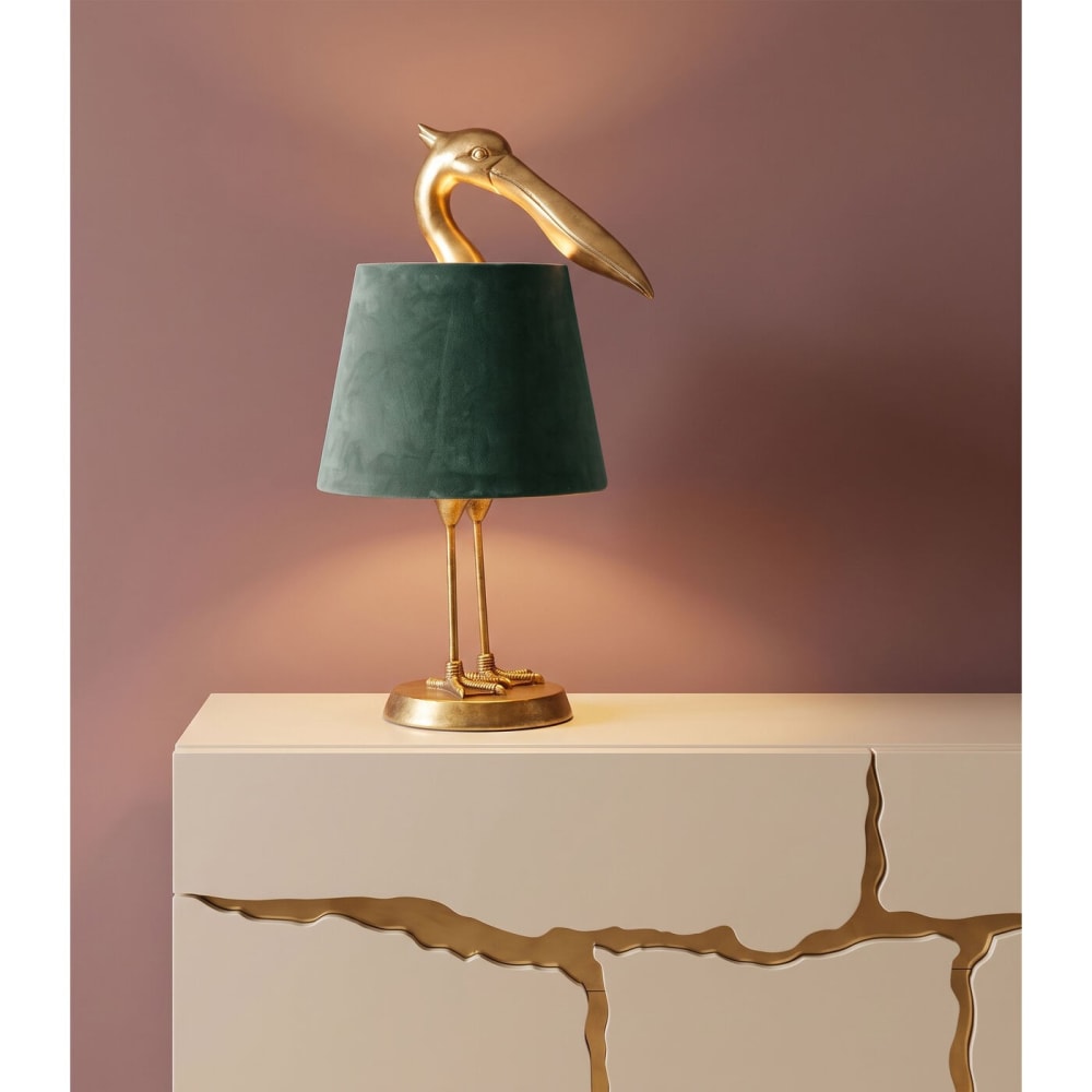 Lampe pélican en polyrésine dorée et lin marron — vue 3