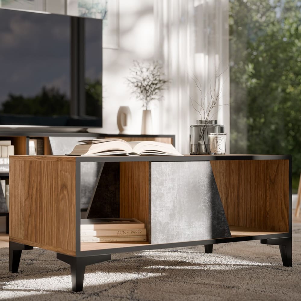 Designer-Couchtisch aus Eiche und dunklem Beton 90 x 50 m -