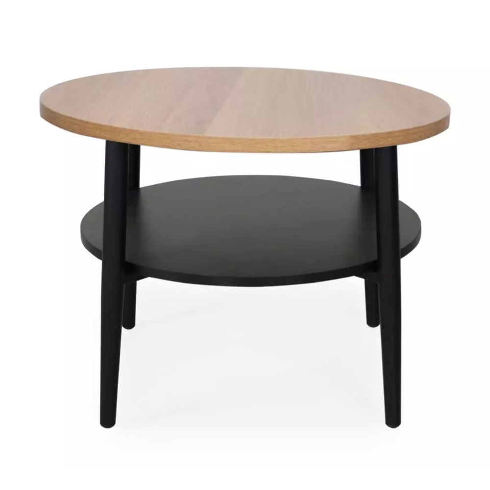 Table basse ronde chêne et noir avec double plateau et pieds fins