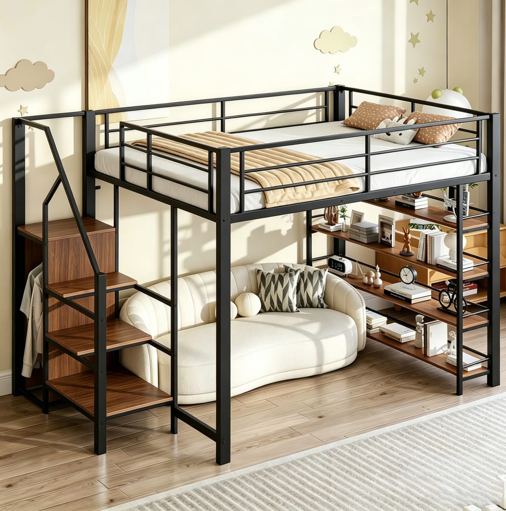 REDOM Hochbett aus Metall mit Stauraumtreppe 140x200 cm, Schwarz SCHWARZ METALL Baby