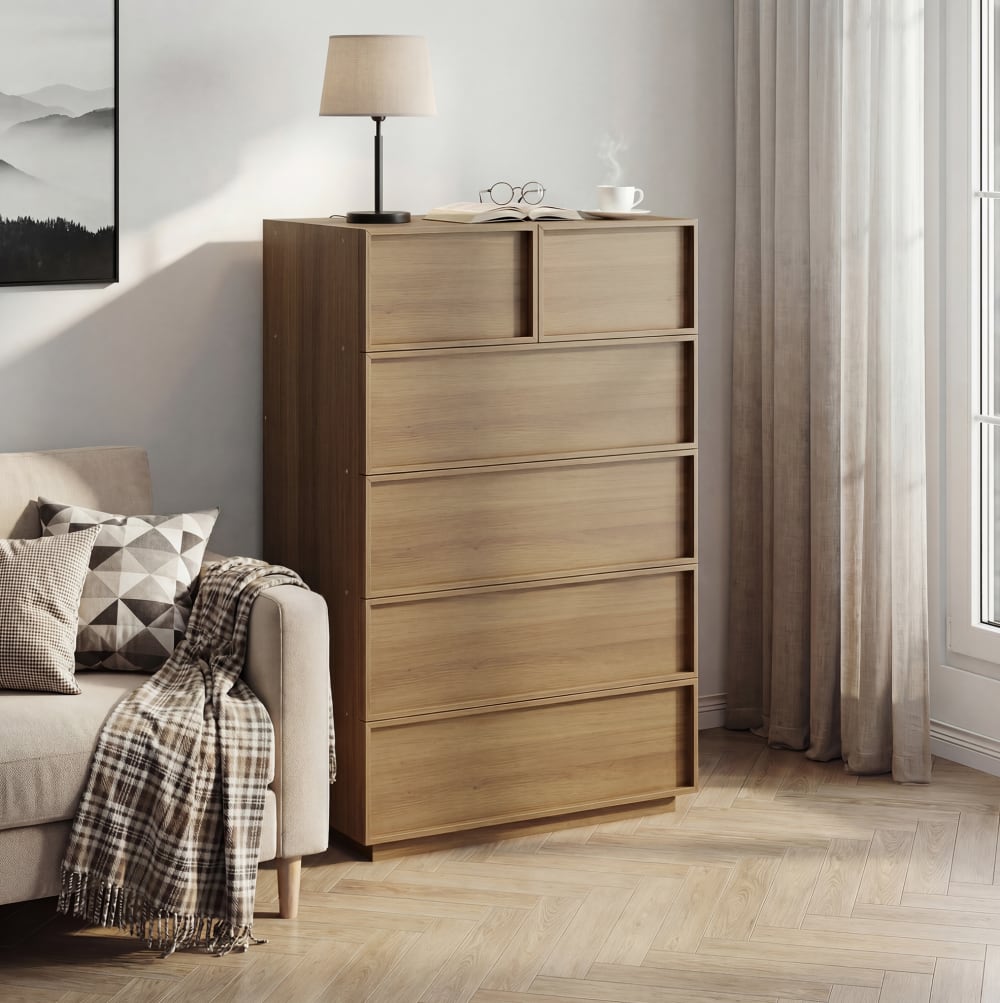 Commode en bois d'ingénierie avec 6 tiroirs chêne 80x48x127 cm