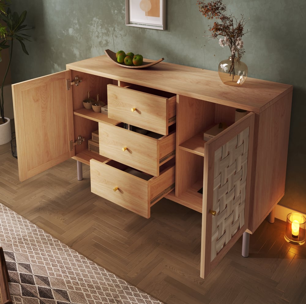 Kommode aus Holz mit 2 Türen und 3 Schubladen 120x40x75 cm, Eiche