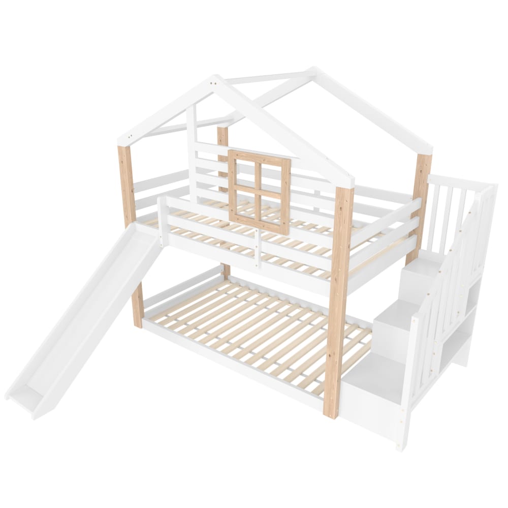 Lit superposé en bois avec toboggan blanc 90x200 cm