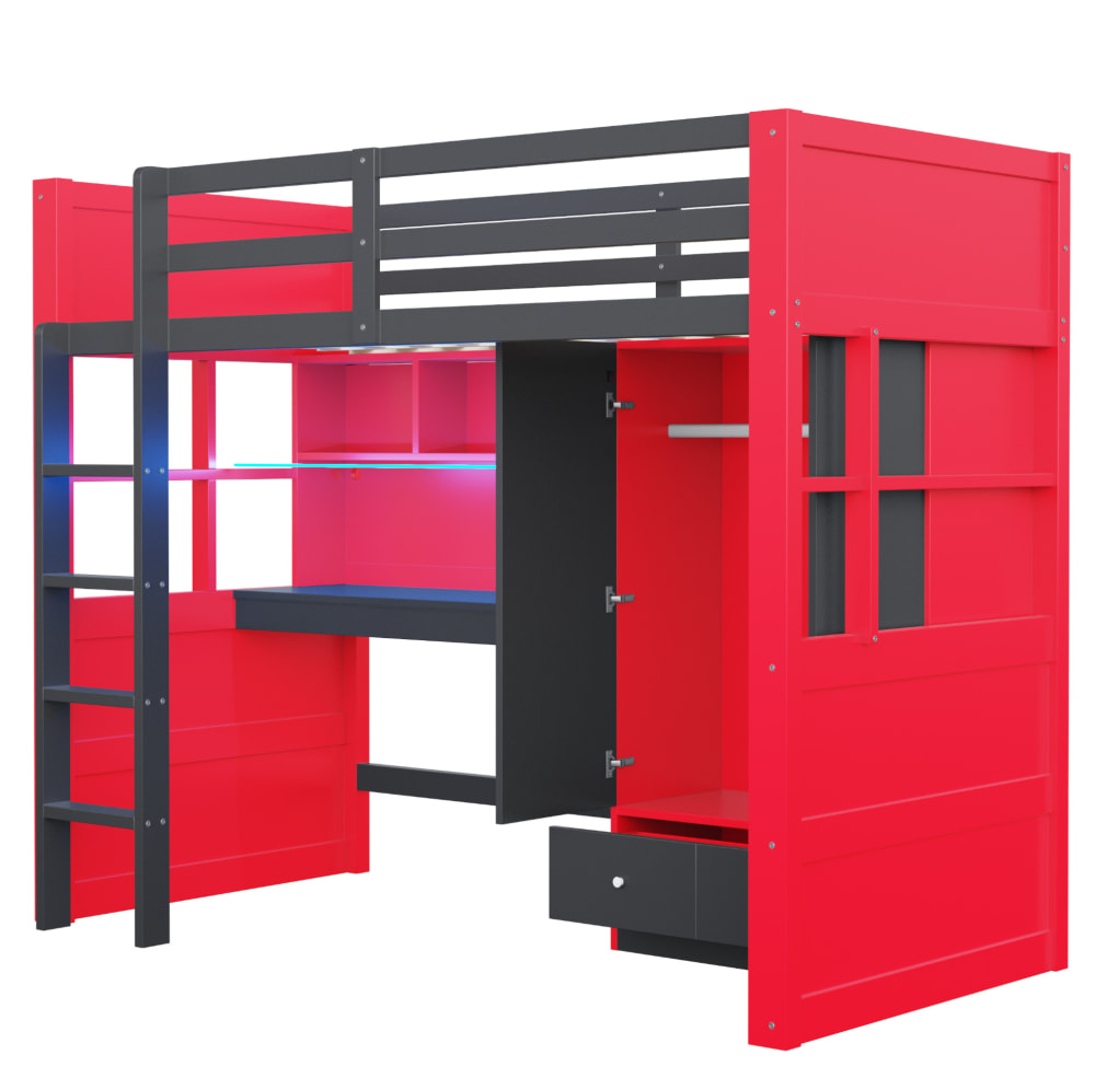 Lit mezzanine en bois - rouge