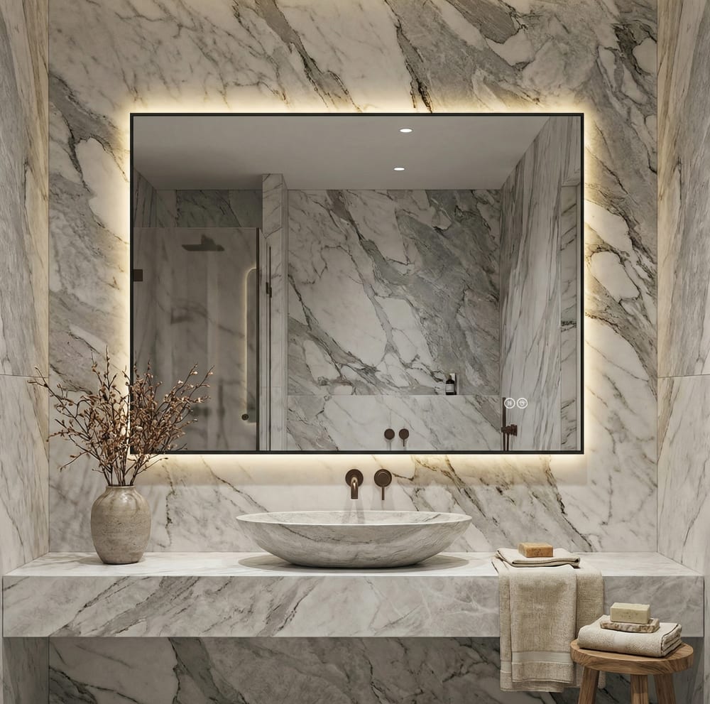Badezimmerspiegel aus Glas mit LED und Anti-Beschlag, Silber -