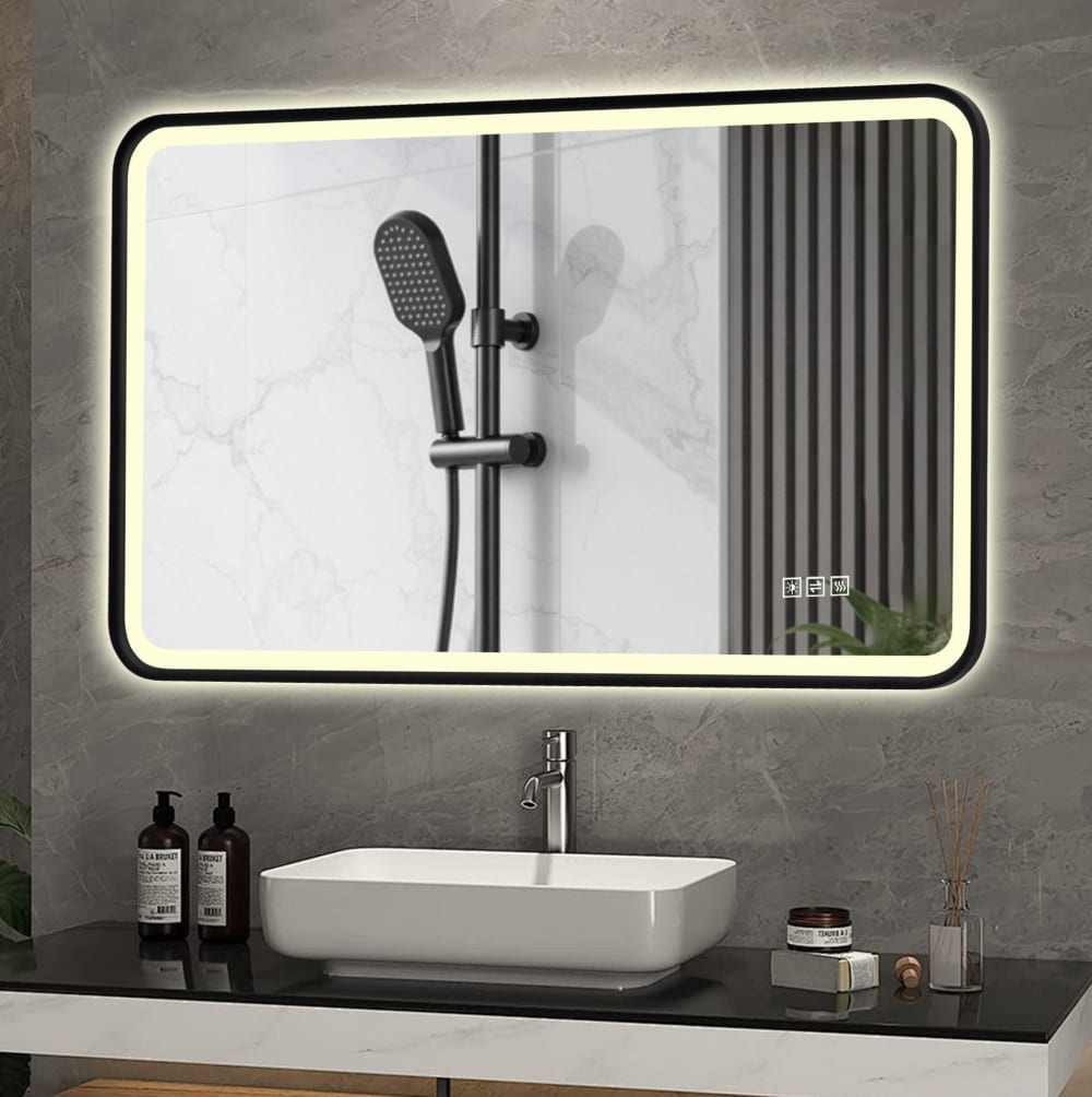 Badezimmerspiegel aus Glas und Metall mit LED, Schwarz - Maisons