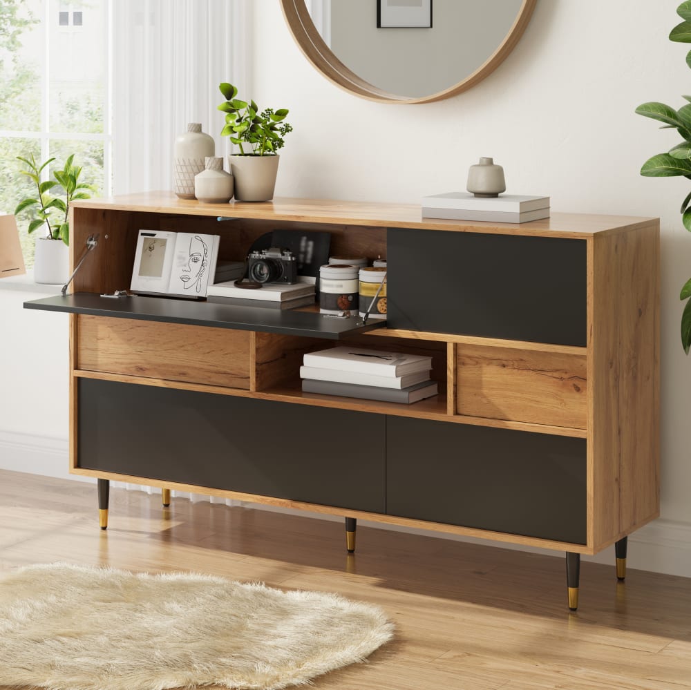 Sideboard aus MDF mit 2 Schubladen 140x40x84,5 cm, Schwarz/Natur