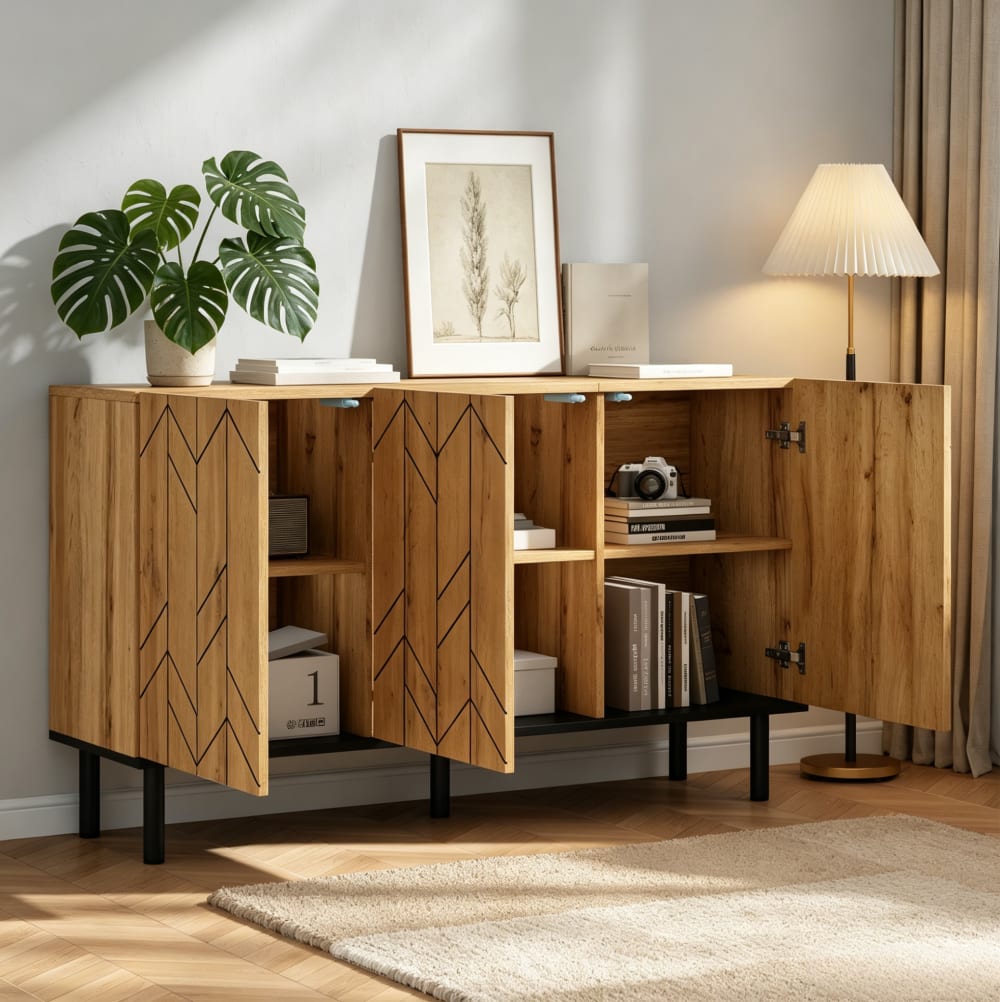 Sideboard aus Spanplatte mit 3 Türen 120x35x70 cm, Natur -