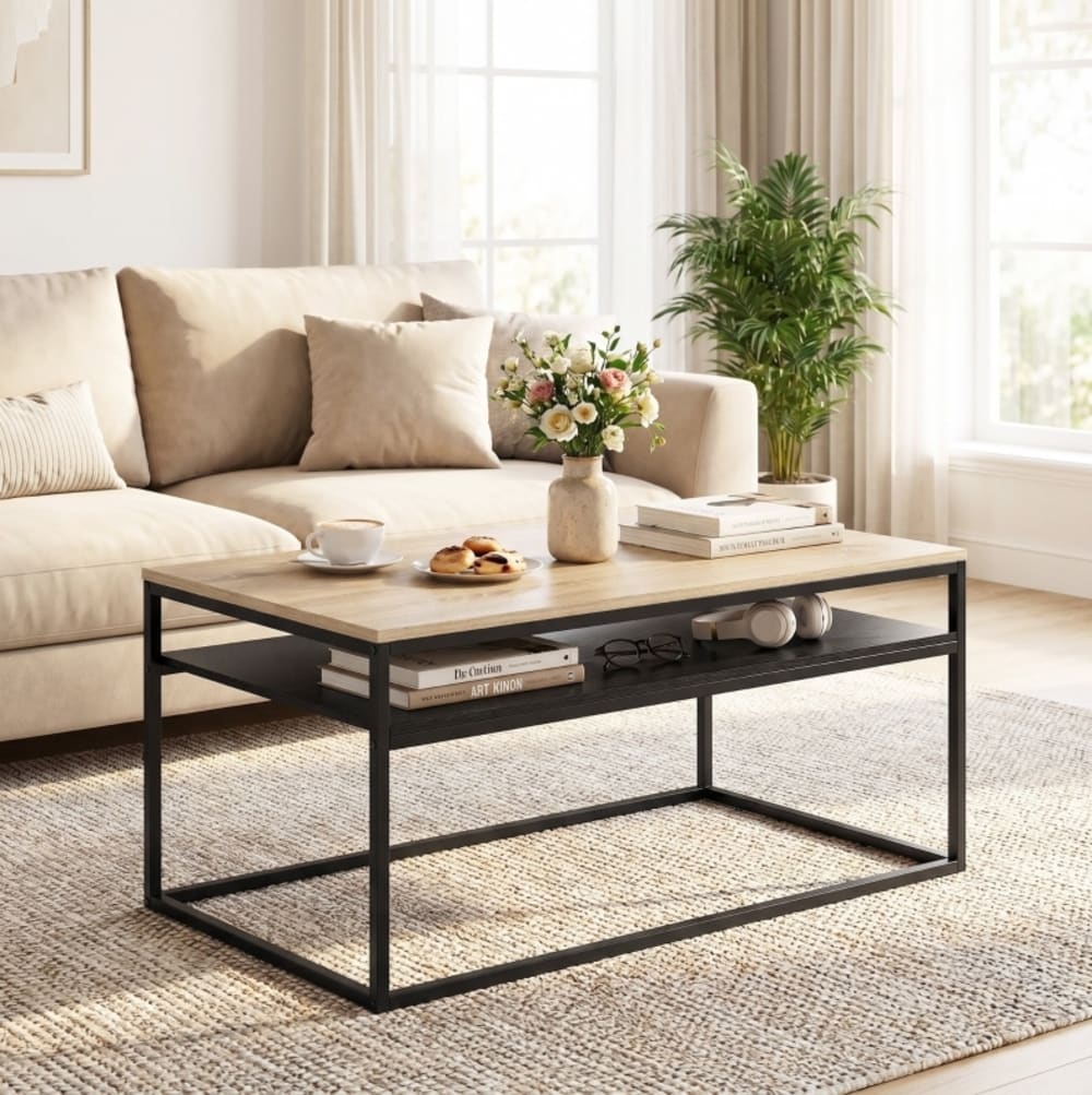 Table basse en bois avec rangement 2 niveaux chêne 100x59,8 cm