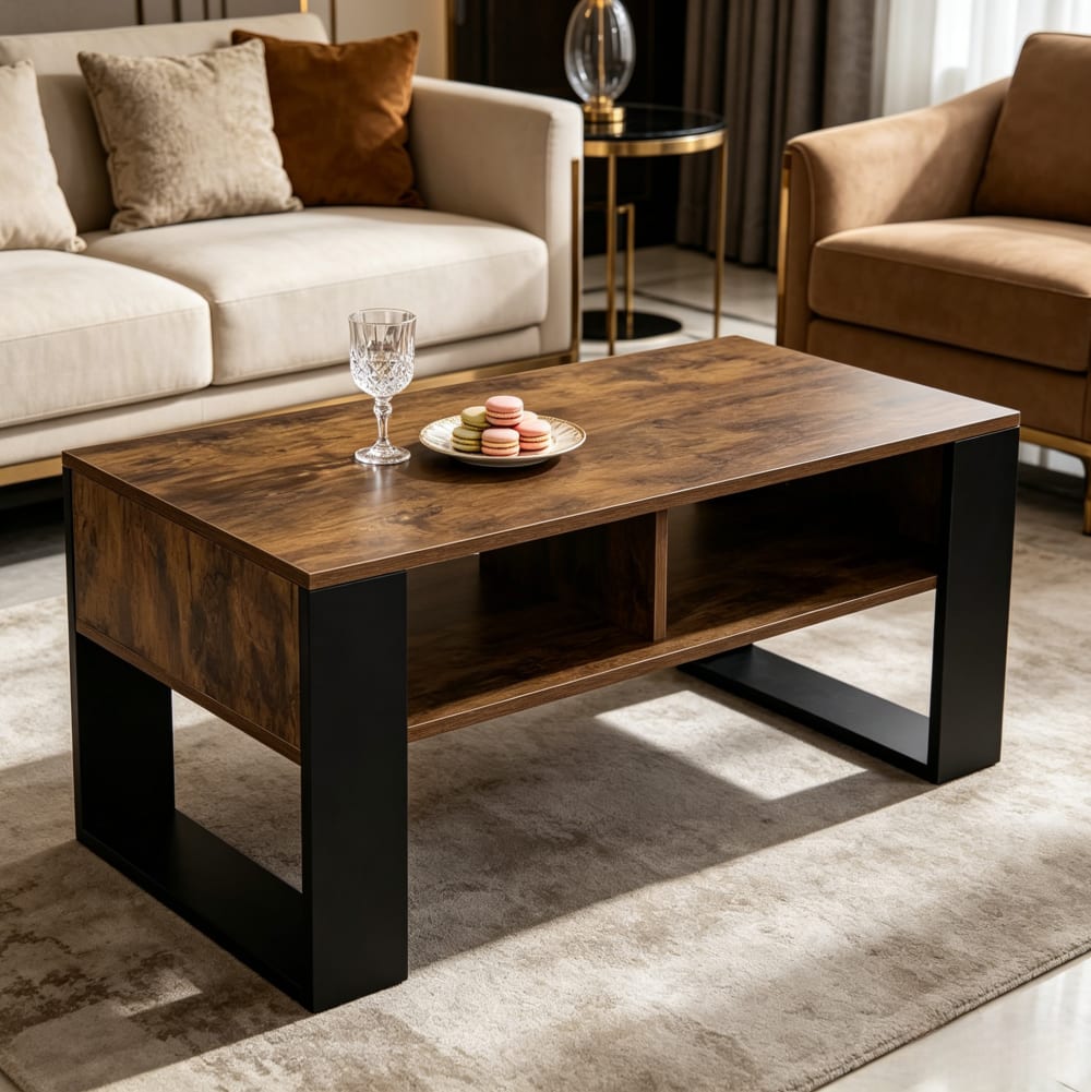 Table basse en bois avec rangement noir et brun rustique 90x45x45 cm