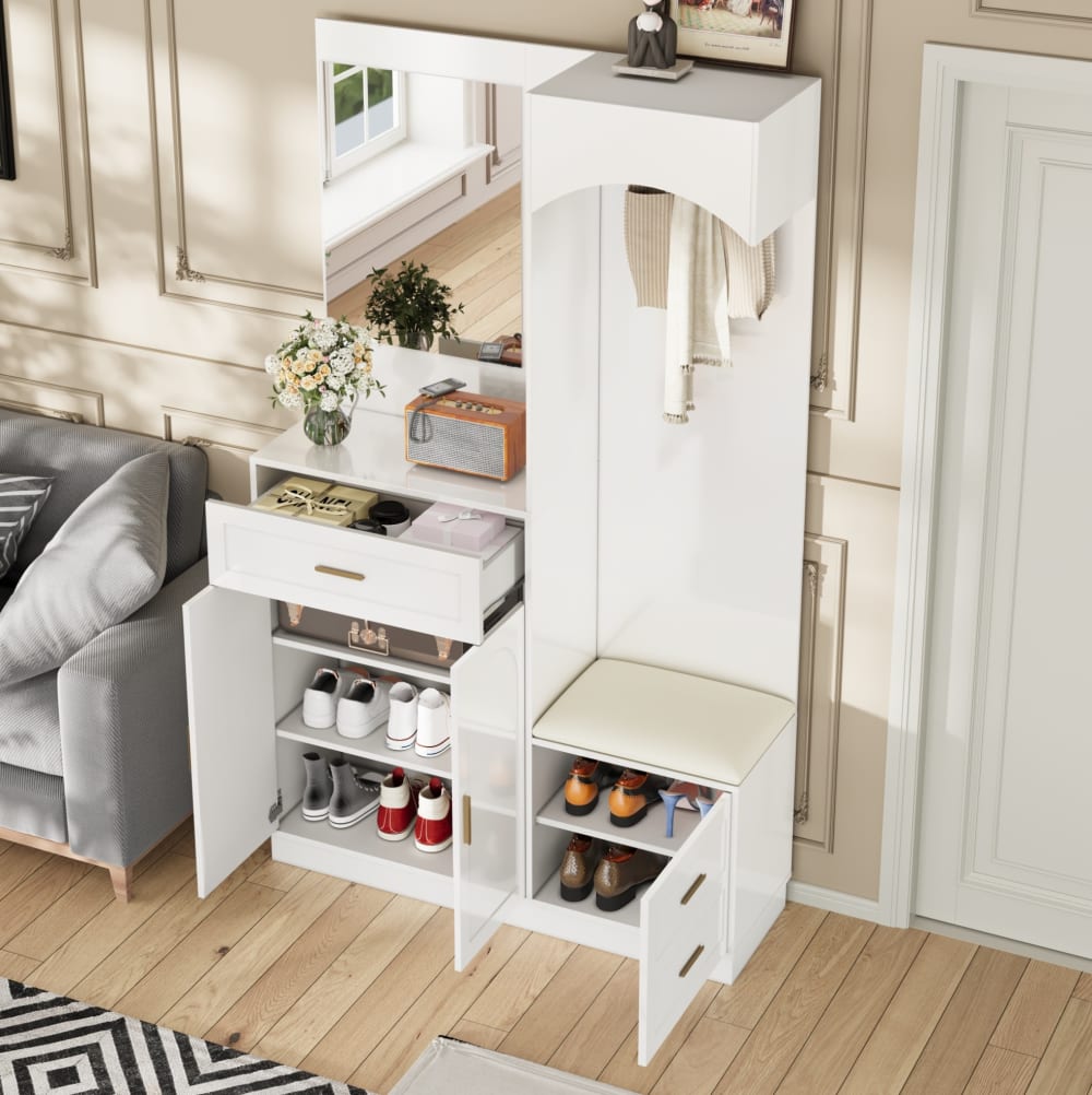 Kompaktgarderobe aus MDF mit Spiegel 110x33x185,5 cm, Weiß -