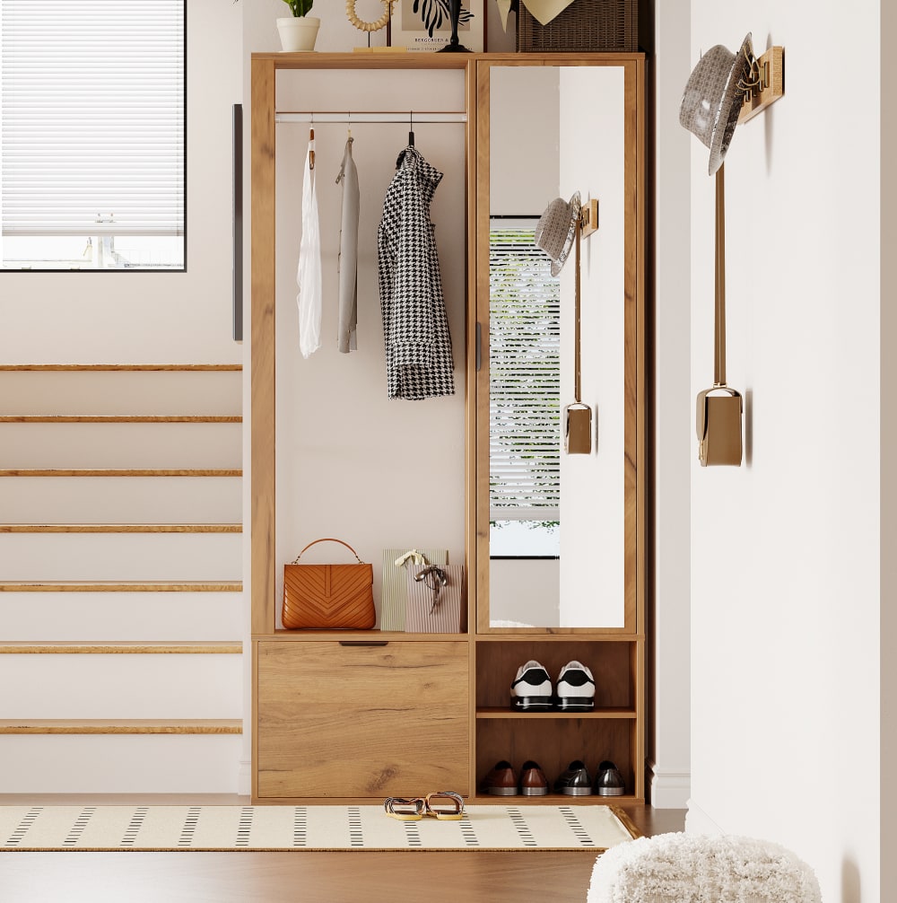 Garderobenschrank aus Spanplatte mit Spiegel 100x33x190 cm, Natur