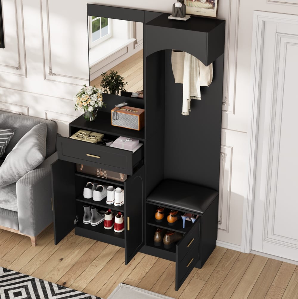 Garde-robe en mdf avec miroir et banc noir