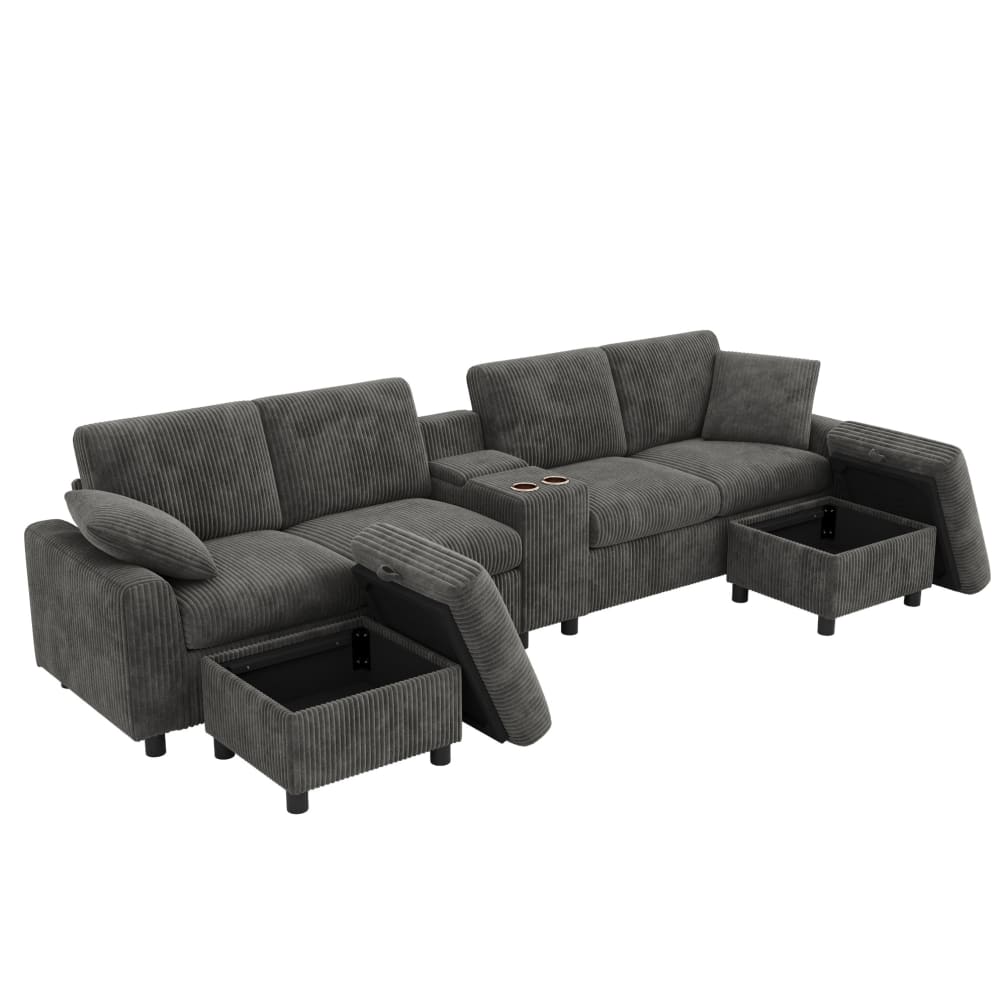 REDOM U-Sofa aus Cord mit Ladefunktion 315x135x81 cm, Grau style modern Grau Stoff