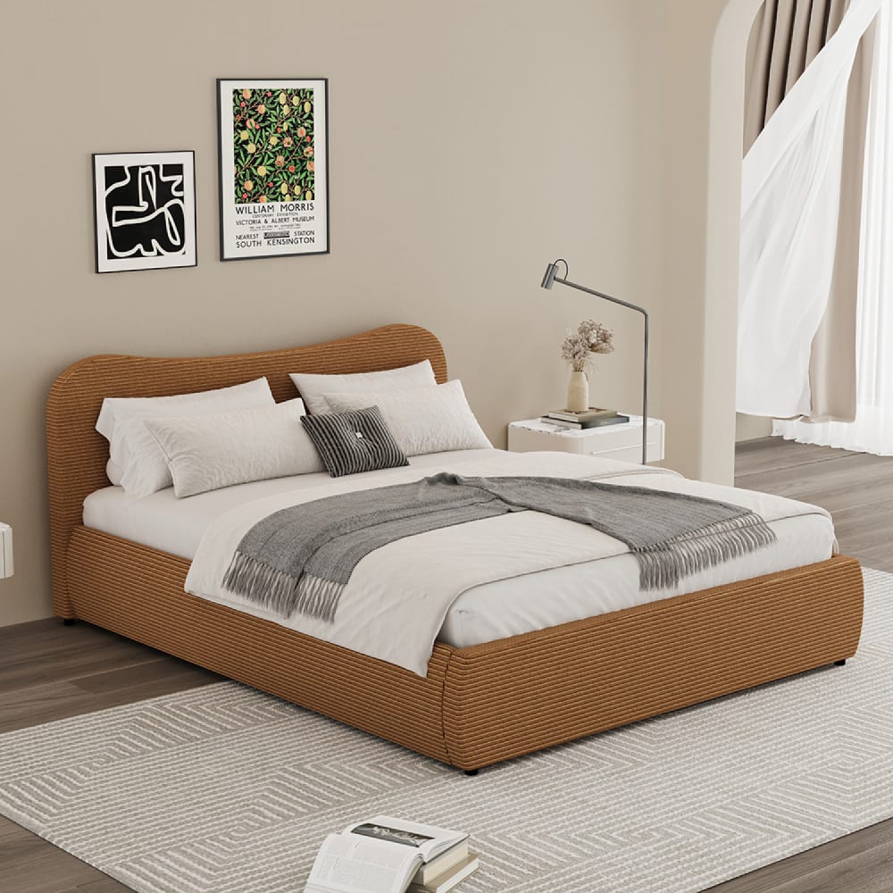 Lit coffre 160x200cm design arrondi velours côtelé marron