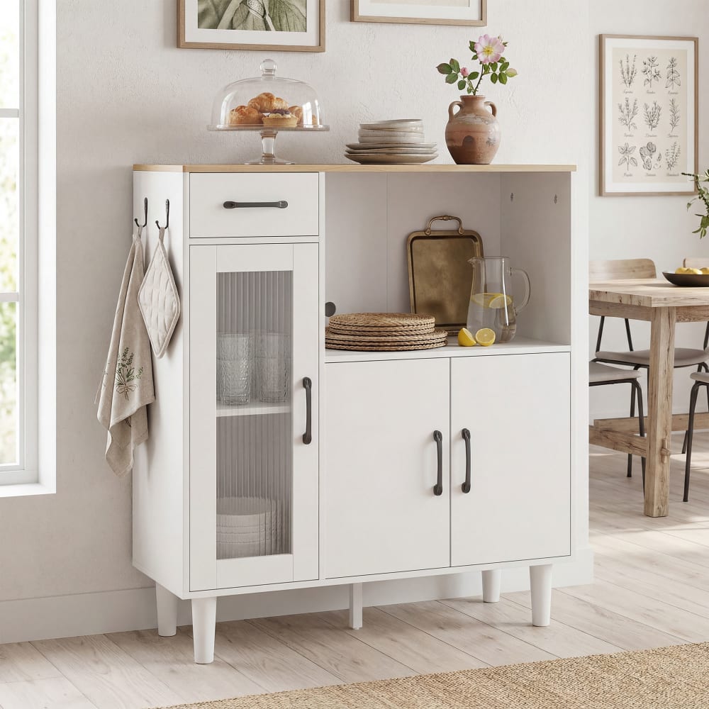 Buffet cuisine tiroir 3 portes étagère ouverte bois blanc et chêne