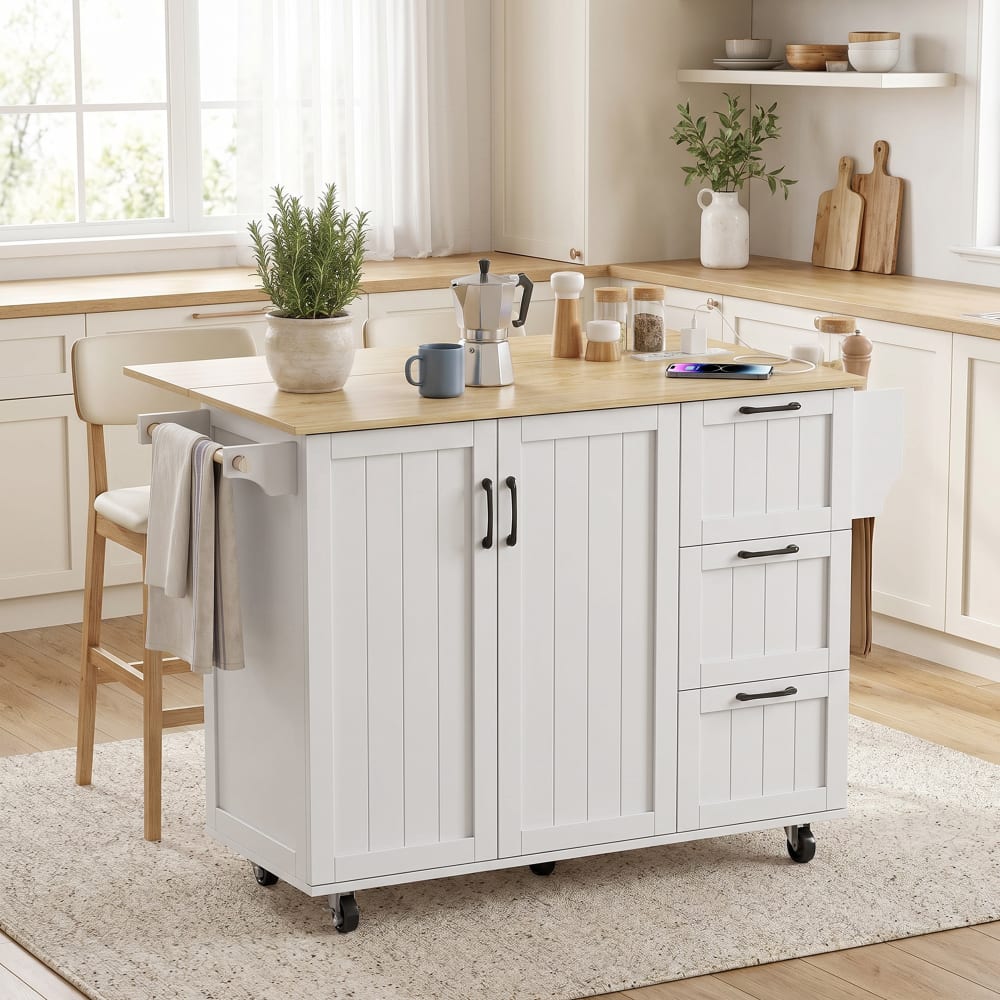 Îlot central cuisine plateau rabattable prises ports usb mdf blanc