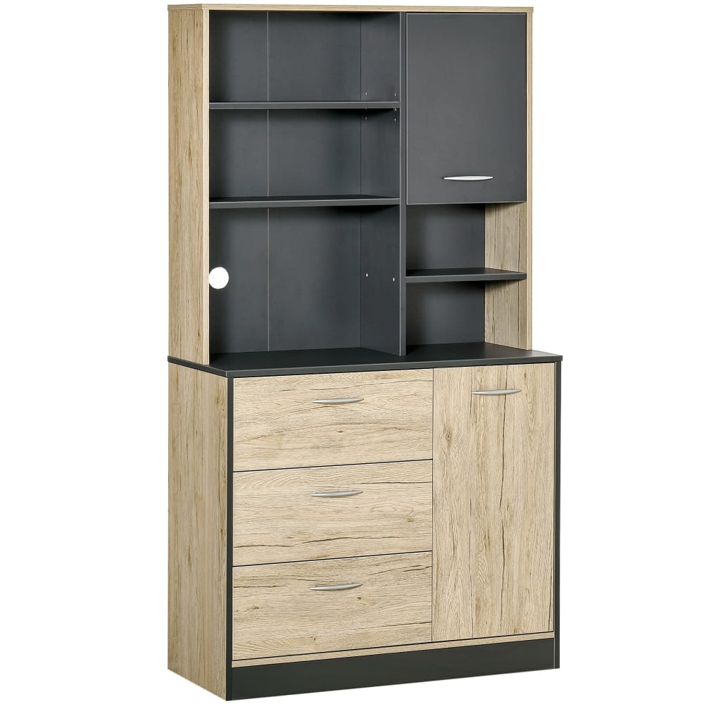 Buffet haut 2 portes 3 tiroirs 3 étagères plateau aspect chêne gris Buffet haut 2 portes 3 tiroirs 3 étagères plateau aspect chêne gris