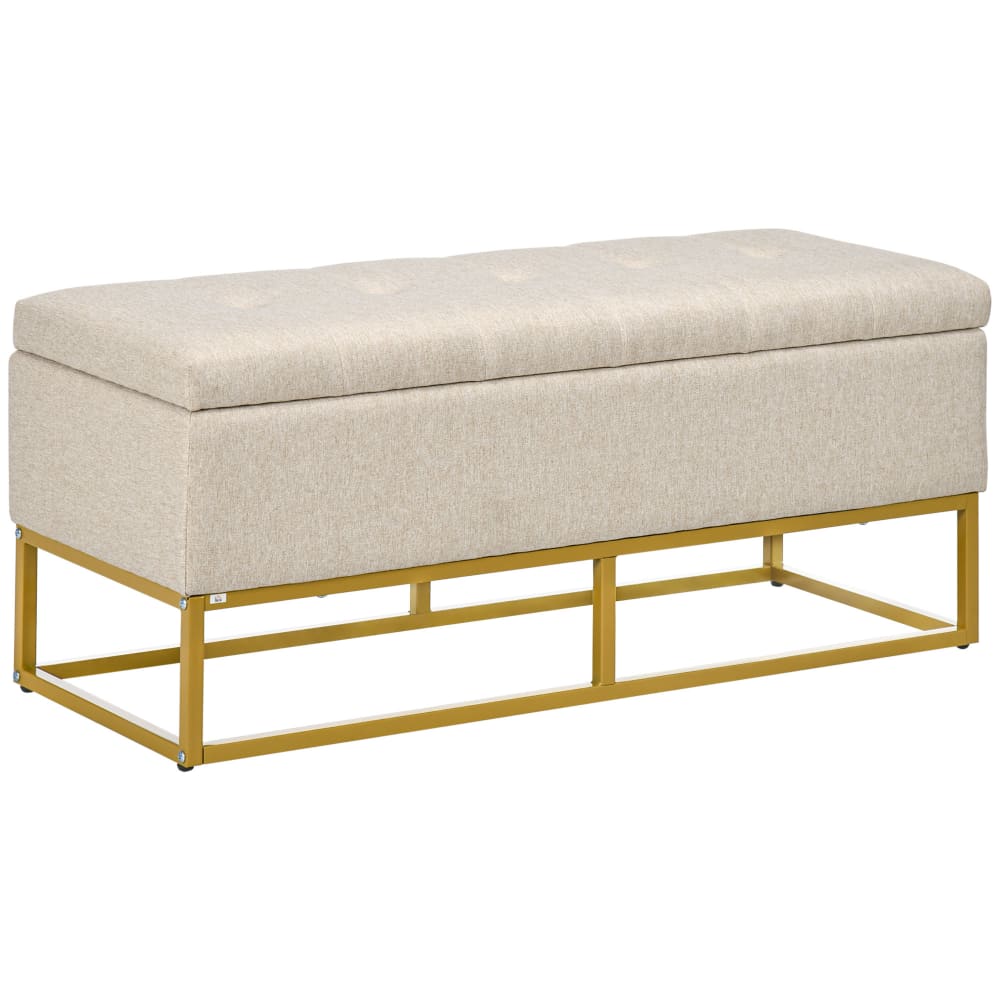 Banquette coffre de rangement acier doré assise capitonnée tissu beige