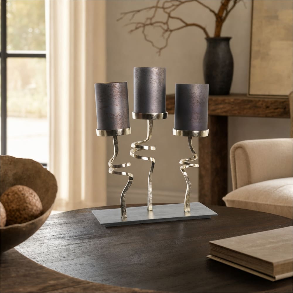 Bougeoir en verre et aluminium gris 37x16x47 cm