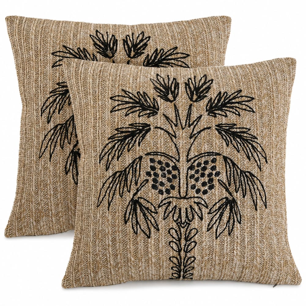 Lot 2 coussins brodés en polyester marron 42x15x42 cm