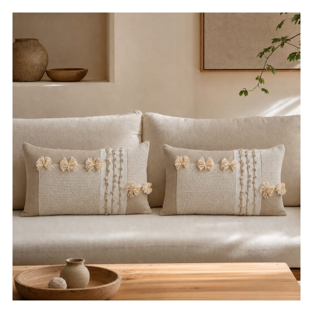 Lot 2 coussins en coton fait main beige 50x30 cm