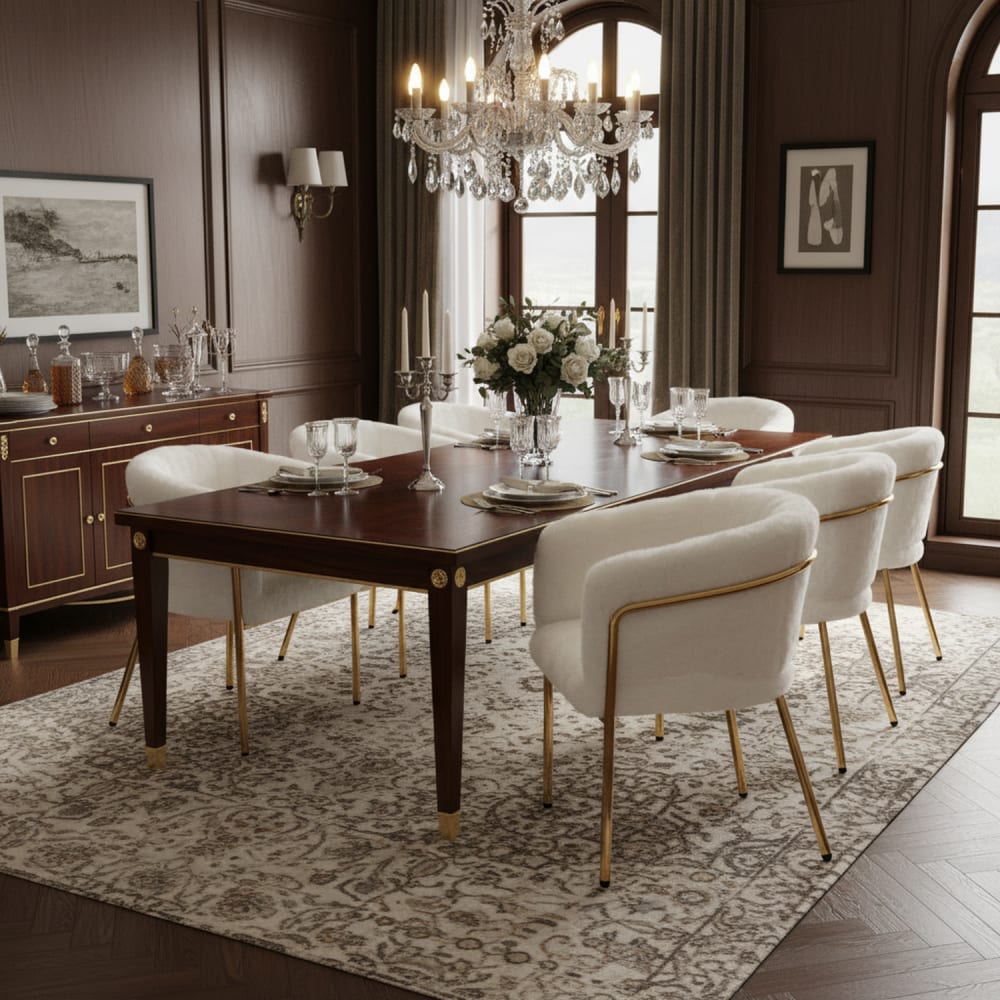 6er-Set Esszimmerstühle aus Fell, gepolstert, Metallbeine, beige
