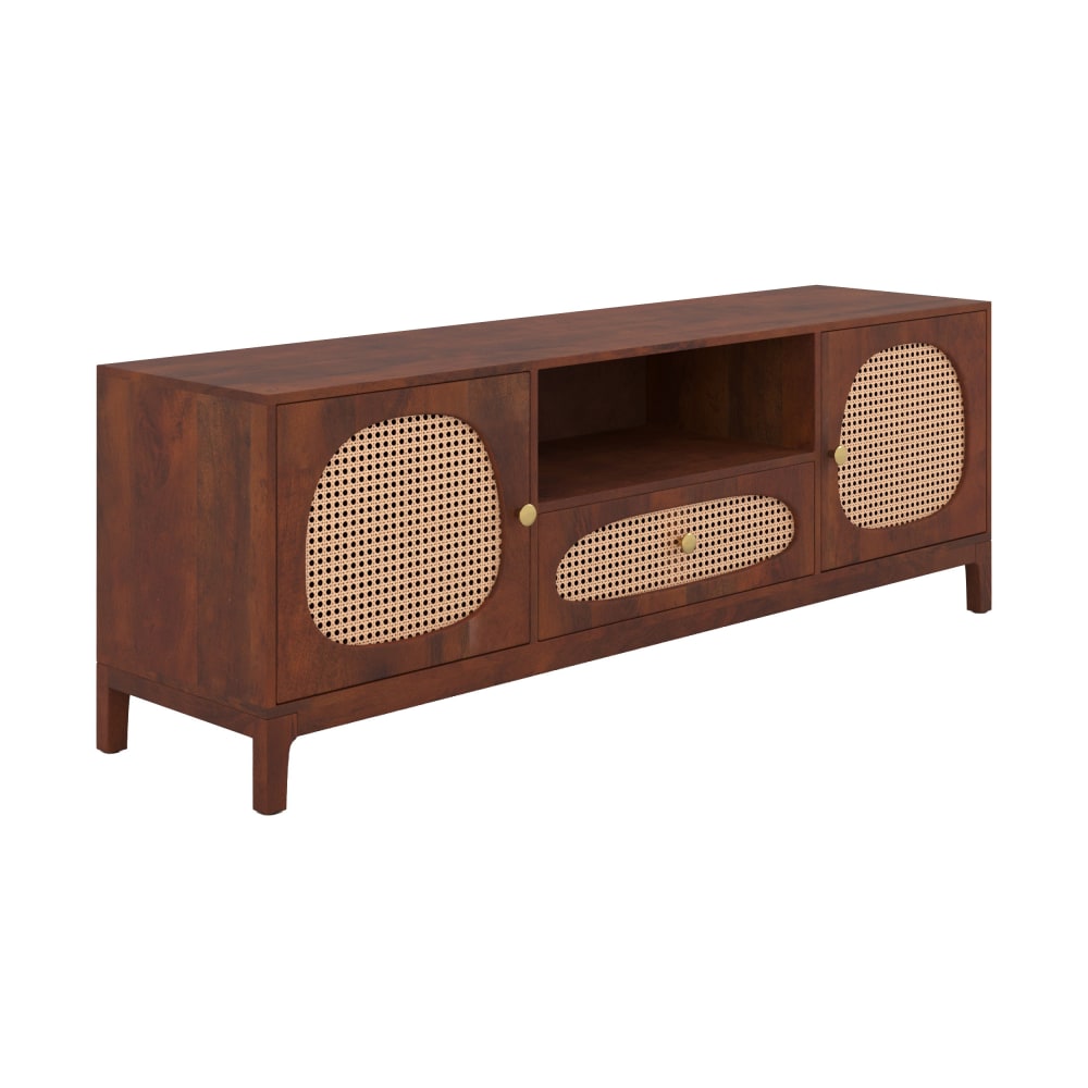 Meuble tv en bois de manguier et cannage