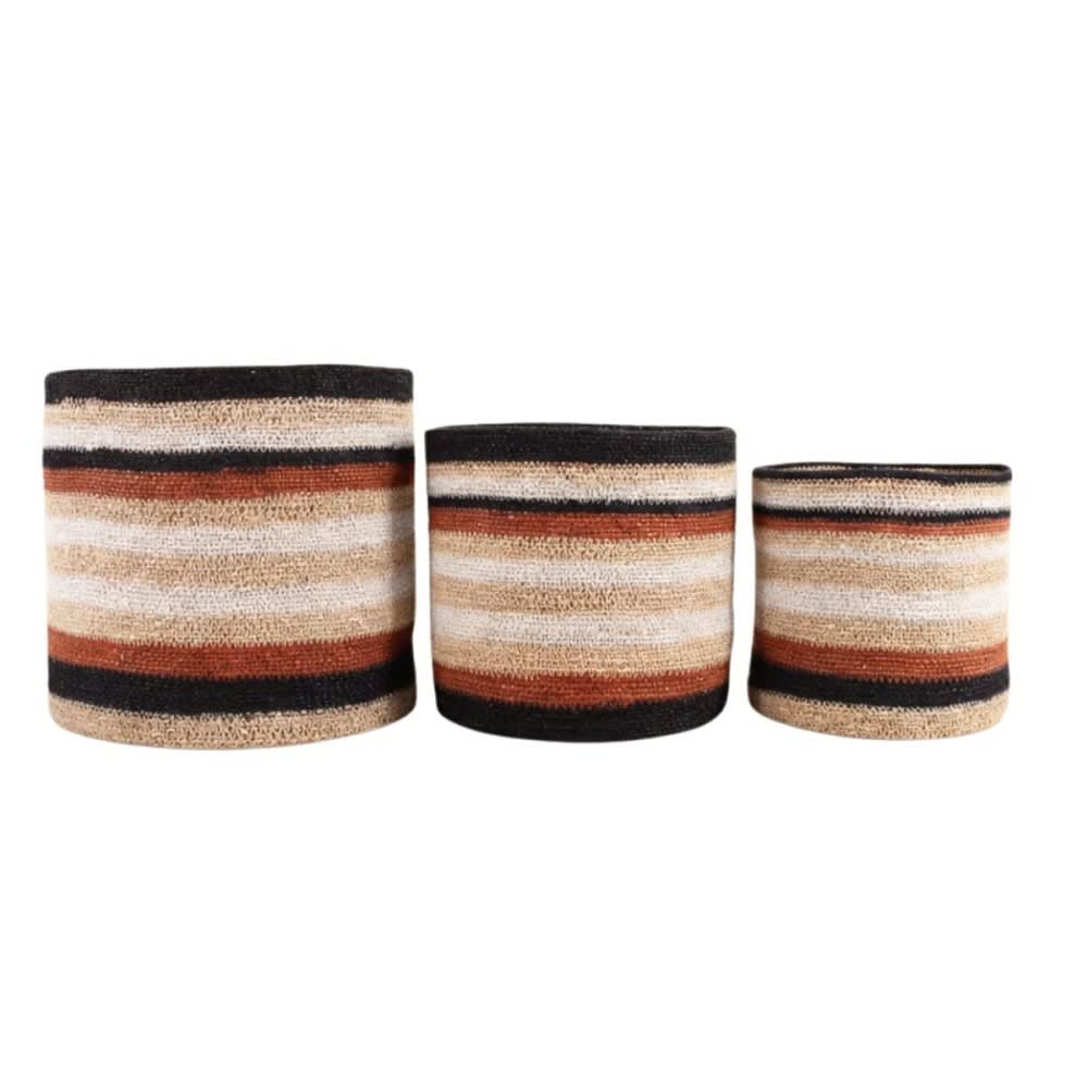 Set de 3 paniers rayé beige, marron en herbes marines Set de 3 paniers rayé beige, marron en herbes marines