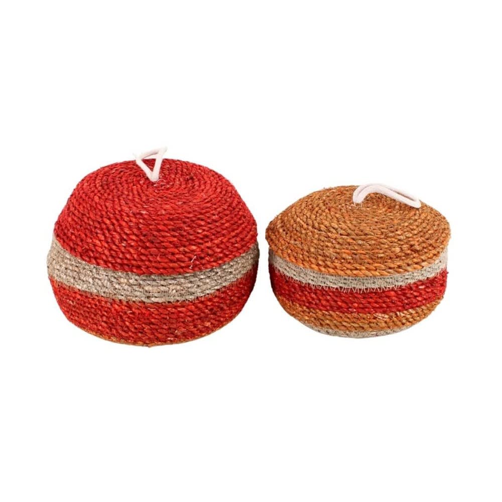 Lot de 2 paniers rayés à couvercle fibres naturelles rouge, naturel
