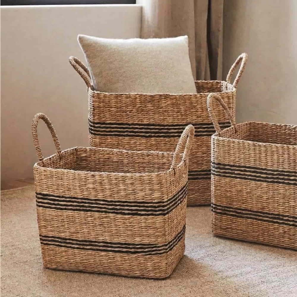 Set de 3 paniers rectangulaires en jonc de mer avec poignées