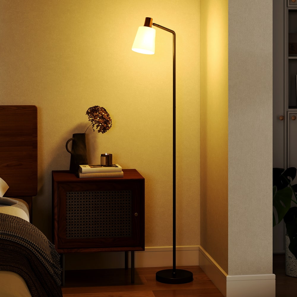 Lampadaire sur pied salon tête rotative à 350° acier et plastique noir — vue 3