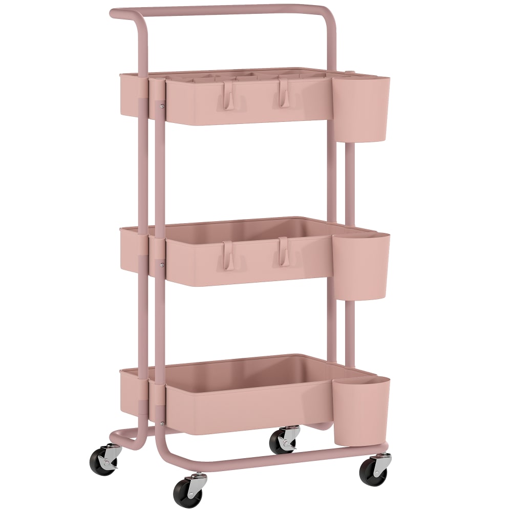Chariot de rangement à roulettes 3 niveaux acier rose Chariot de rangement à roulettes 3 niveaux acier rose
