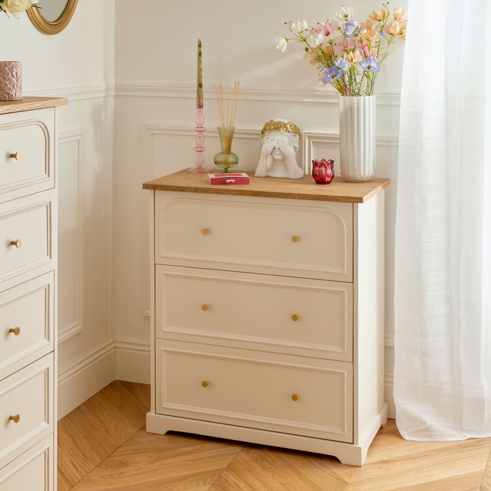 Commode 3 tiroirs en bois avec plateau en frêne ivoire 72 x 39 Commode 3 tiroirs en bois avec plateau en frêne ivoire 72 x 39
