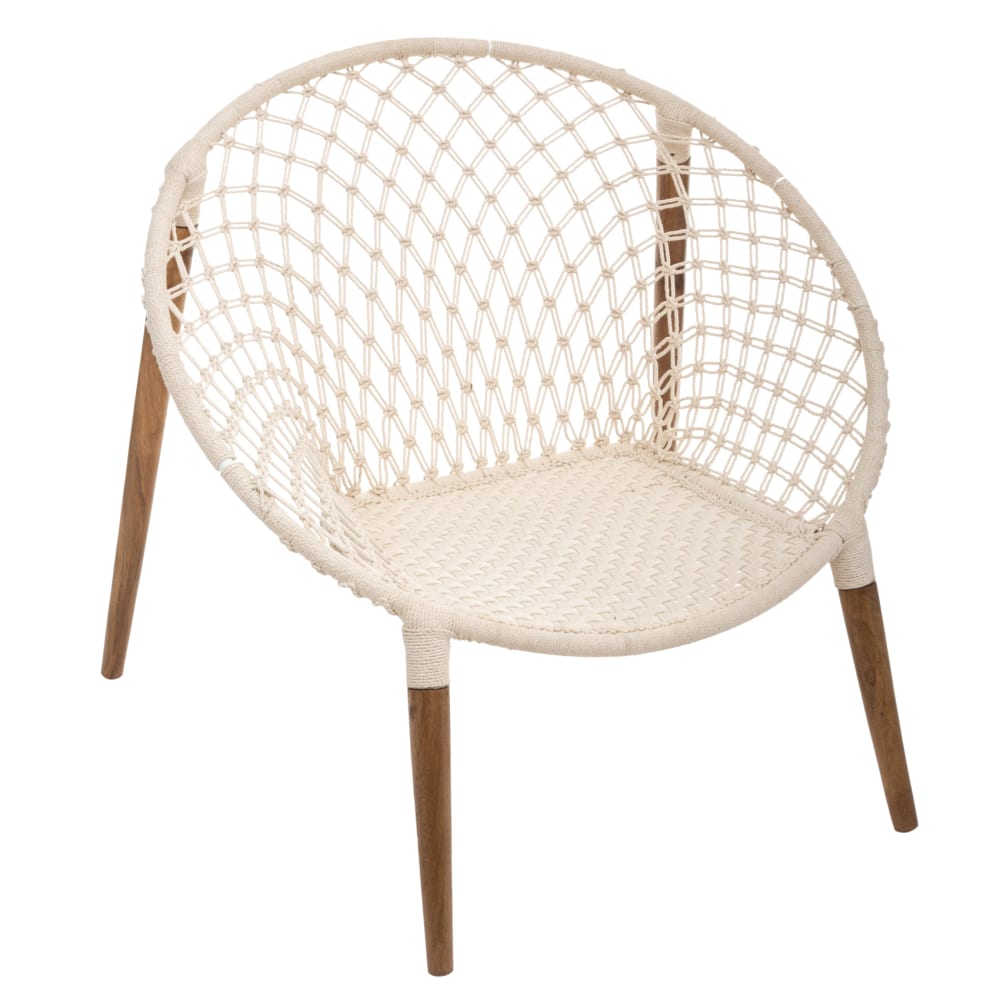 Fauteuil en macramé avec pieds en bois blanc 91 x 91 Fauteuil en macramé avec pieds en bois blanc 91 x 91