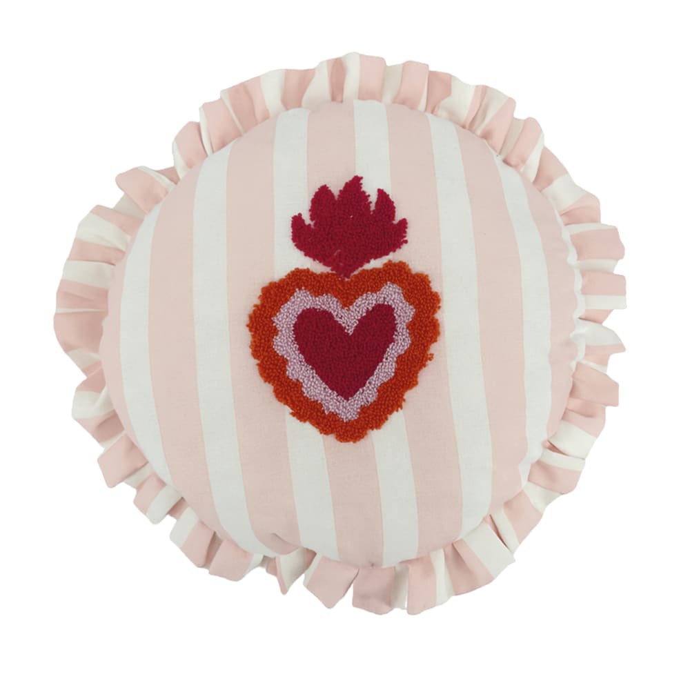 Coussin rond à rayures avec motif cœur brodé coton rose 42 x 42