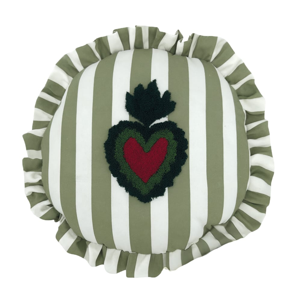Coussin rond à rayures avec motif cœur brodé coton kaki 42 x 42 — Beyit