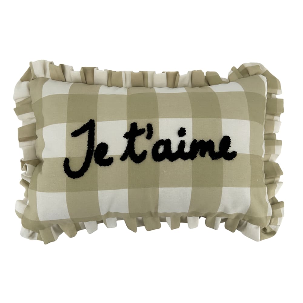 Coussin rectangulaire à carreaux ''je t'aime'' polyester beige 50 x 30