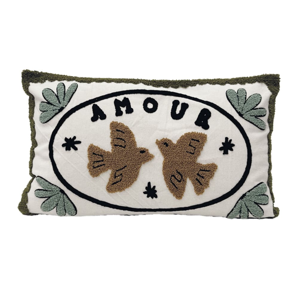 Coussin brodé avec motif oiseaux et ''amour'' coton marron foncé 50 x 30 Coussin brodé avec motif oiseaux et ''amour'' coton marron foncé 50 x 30