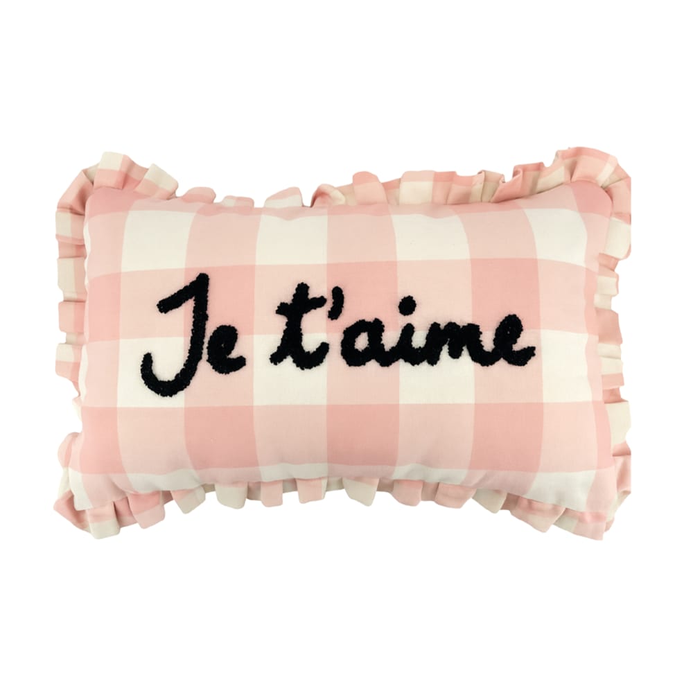 Coussin rectangulaire à carreaux ''je t'aime'' polyester rose 50 x 30