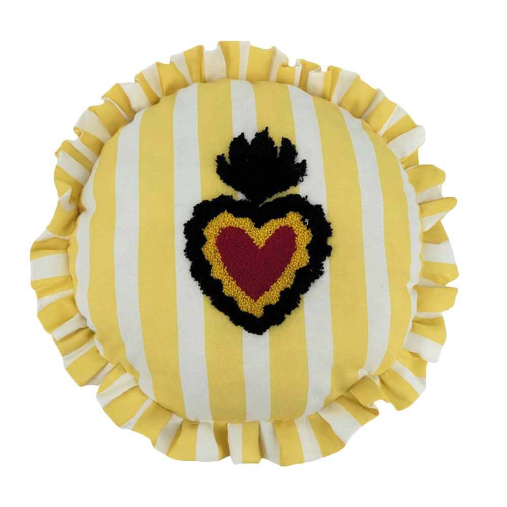 Coussin rond à rayures avec motif cœur brodé coton jaune 42 x 42