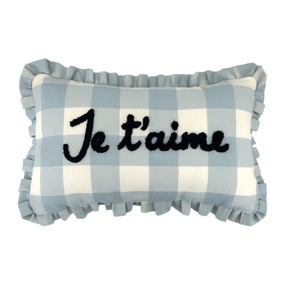 Coussin rectangulaire à carreaux ''je t'aime'' polyester bleu 50 x 30